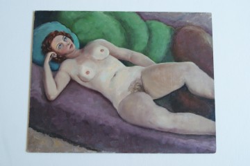 Erotisch schilderij – naakt op sofa – ongesigneerd - olieverf op bordpaneel