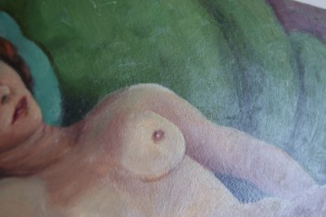 Erotisch schilderij – naakt op sofa – ongesigneerd - olieverf op bordpaneel