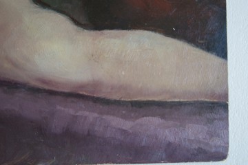 Erotisch schilderij – naakt op sofa – ongesigneerd - olieverf op bordpaneel
