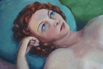 Erotisch schilderij – naakt op sofa – ongesigneerd - olieverf op bordpaneel