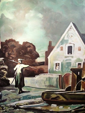 Schilderij – Laat-middeleeuws tafereel - Huis met wacht -  L.M. Hoebe – 20e eeuw
