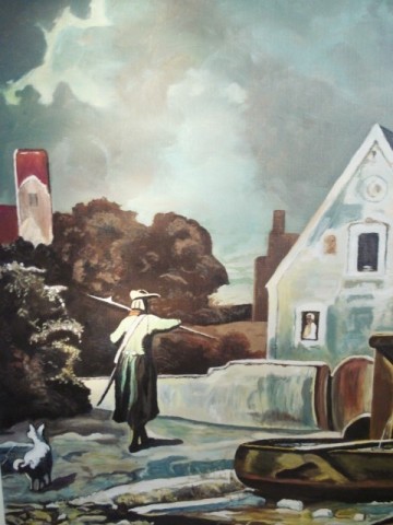 Schilderij – Laat-middeleeuws tafereel - Huis met wacht -  L.M. Hoebe – 20e eeuw