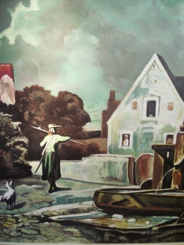 Schilderij – Laat-middeleeuws tafereel - Huis met wacht -  L.M. Hoebe – 20e eeuw