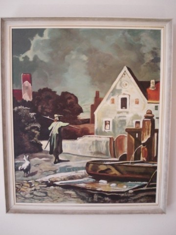 Schilderij – Laat-middeleeuws tafereel - Huis met wacht -  L.M. Hoebe – 20e eeuw