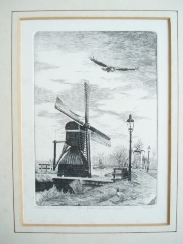 Ets - ‘Een fraai schouwspel’ van molen met eenden en roofvogel – Bart Reindersma – gelimiteerde oplage 22/350