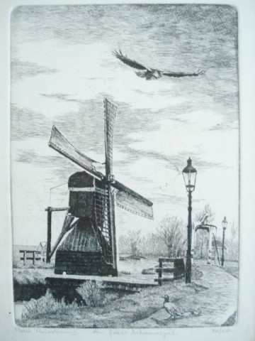 Ets - ‘Een fraai schouwspel’ van molen met eenden en roofvogel – Bart Reindersma – gelimiteerde oplage 22/350