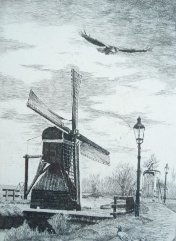 Ets - ‘Een fraai schouwspel’ van molen met eenden en roofvogel – Bart Reindersma – gelimiteerde oplage 22/350