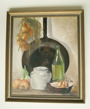 Schilderij – Culinair stilleven met uien – Acryl op paneel – Gesigneerd