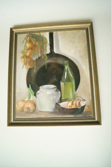 Schilderij – Culinair stilleven met uien – Acryl op paneel – Gesigneerd