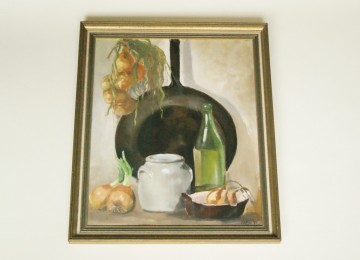 Schilderij – Culinair stilleven met uien – Acryl op paneel – Gesigneerd