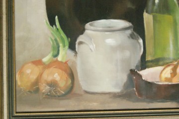 Schilderij – Culinair stilleven met uien – Acryl op paneel – Gesigneerd
