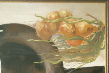 Schilderij – Culinair stilleven met uien – Acryl op paneel – Gesigneerd