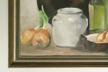 Schilderij – Culinair stilleven met uien – Acryl op paneel – Gesigneerd
